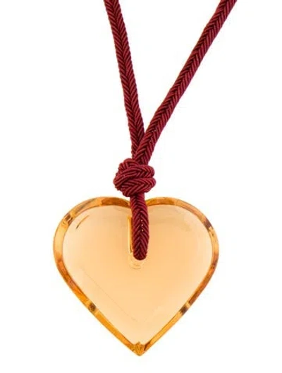 Pre-owned Baccarat Cord & Crystal Heart Pendant Necklace, 32" In Gold/orange/red