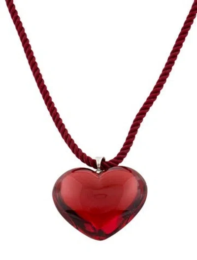 Pre-owned Baccarat Crystal & Cord Heart Pendant Necklace, 16.25" In Red