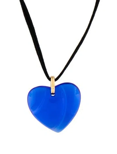 Pre-owned Baccarat Crystal & Cord Heart Pendant Necklace, 18" In Black/blue