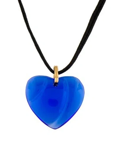 Pre-owned Baccarat Crystal & Cord Heart Pendant Necklace, 26.5" In Blue