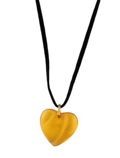 Pre-owned Baccarat Crystal & Cord Heart Pendant Necklace, 28" In Black/orange