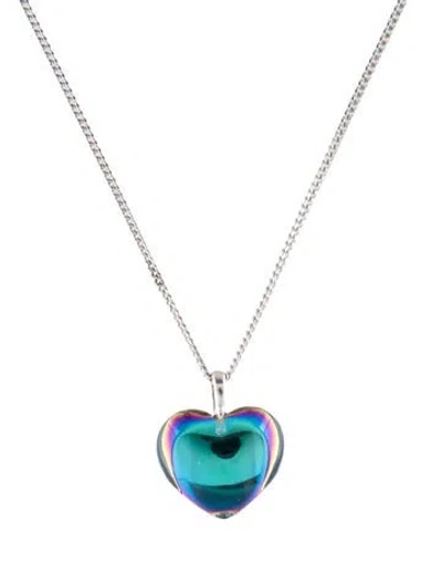 Pre-owned Baccarat Crystal Heart Pendant Necklace, 17" In Blue