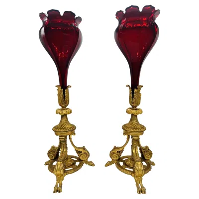 Pre-owned Baccarat Exceptional -  Ruby Red Glass & Bronze Ormolu Neoclassical Trumpet Vases
