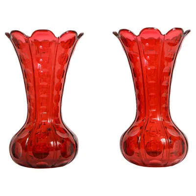 Pre-owned Baccarat Fantastic Pair 19th C. French  Ruby Red Crystal Vases W Scalloped Rims