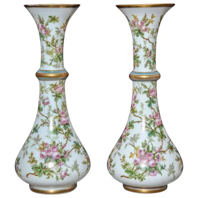 Pre-owned Baccarat Fine Pair Of Antique French Opaque White Opaline Glass Vases