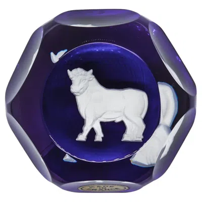 Pre-owned Baccarat French Art Glass Zodiac Paperweight Taurus Bull Sulfide On Cobalt Blue