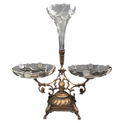 Pre-owned Baccarat French Art Nouveau Gilt Bronze Epergne With Engraved Crystal Bowls, 1900s In Gold