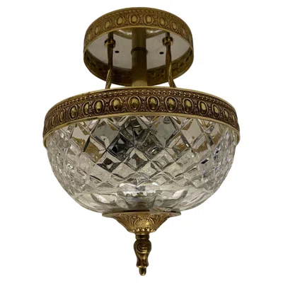 Pre-owned Baccarat French Empire Brass Cut Crystal Semi Flush Mount Pair Ceiling Light Fixtures In Brown