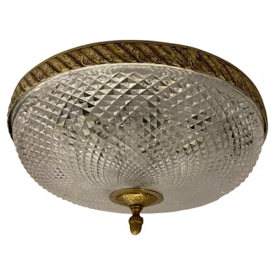 Pre-owned Baccarat French Empire Brass Diamond Cut Crystal Flush Mount Ceiling Light Fixture In Transparent