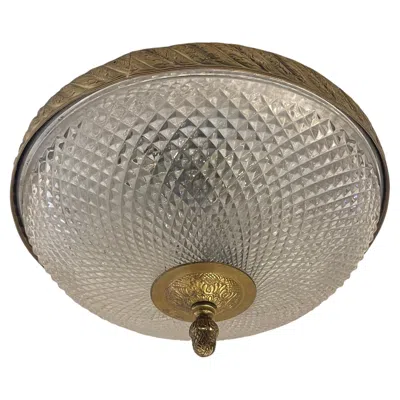 Pre-owned Baccarat French Empire Brass Diamond Cut Crystal Flush Mount Ceiling Light Fixture In Transparent