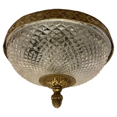 Pre-owned Baccarat French Empire Brass Diamond Cut Crystal Flush Mount Pair Ceiling Light Fixtures In Brown