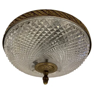 Pre-owned Baccarat French Empire Brass Diamond Cut Crystal Flush Mount Pair Ceiling Light Fixtures In Transparent