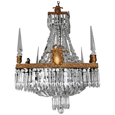 Pre-owned Baccarat French Empire Regency Louis Xv Crystal Obelisks Basket Bronze Chandelier In Gold