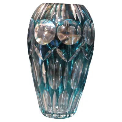 Pre-owned Baccarat Important Rare Early 1900s French Turquoise Deep Cut Etched Crystal Vase In Transparent