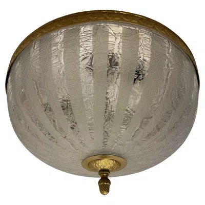 Pre-owned Baccarat Large French Empire Brass Crackle Art Glass Flush Mount Ceiling Light Fixture In Brown