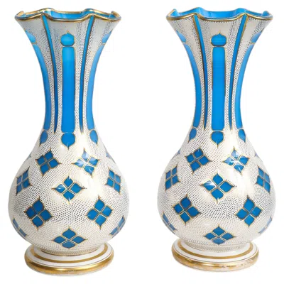 Pre-owned Baccarat Large Pair Of  Blue And White Overlay Opaline Vases, Circa 1860