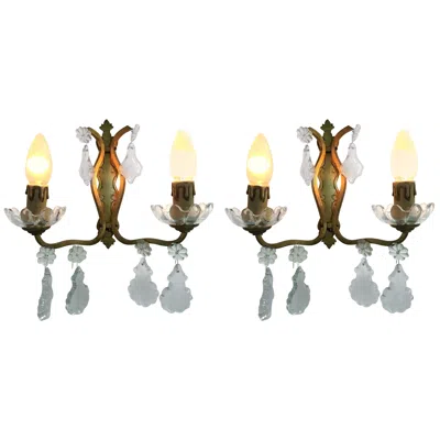 Pre-owned Baccarat Mid-century Modern Pair Of Signed Bronze And Crystal Sconces By , France In Gold