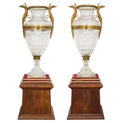 Pre-owned Baccarat Monumental Pair Of Cut Crystal And Gilt Bronze Vases By  In Brown