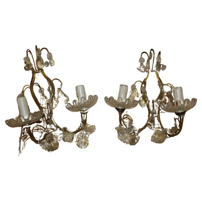 Pre-owned Baccarat Pair 1940s Hollywood Regency Bronze W/ Crystal Wall Sconces Unsigned  In Gold