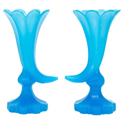 Pre-owned Baccarat Pair 19th C. Blue Opaline  Crystal Cornucopia Shape Footed Fluted Vases