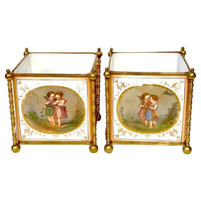 Pre-owned Baccarat Pair 19th C. French Opaline & Gilt Bronze Aesthetic ' Fairy' Motif Cachepots In Gold