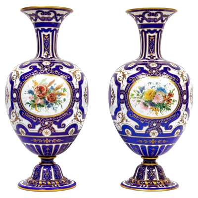Pre-owned Baccarat Pair 19th C. French Signed  Opaline Double Overlay Blue-cut-white Vases In Sand