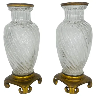 Pre-owned Baccarat Pair, 19th Century  Swirl Pattern Bronze Ormolu Mounted Crystal Vases In Gold