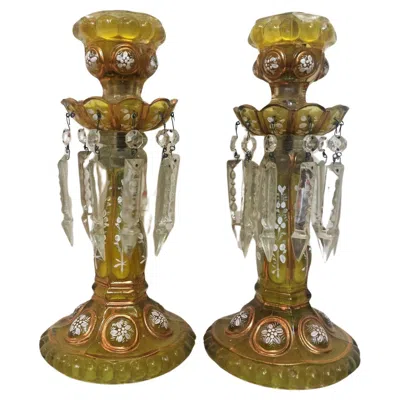 Pre-owned Baccarat Pair 19thc Antique French Napoleon Iii Amber Formed Glass W/ Crystal Candlestick In Brown