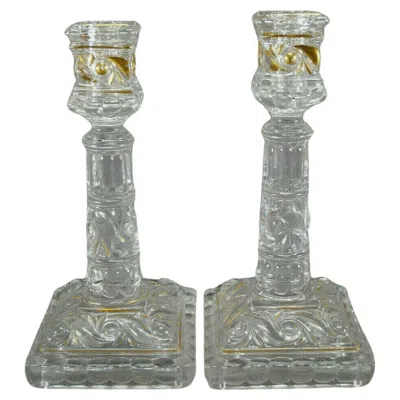 Pre-owned Baccarat Pair 19thc French Signed  Russo Pattern Flint Glassw/gilt Candle Holders In Gray