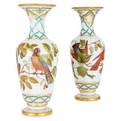 Pre-owned Baccarat Pair Antique French Opaline Painted Glass Vases Flowers Birds  In Sand