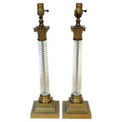 Pre-owned Baccarat Pair  Attributed Gilt Bronze And Spiral Crystal Corinthian Column Lamps In Gold