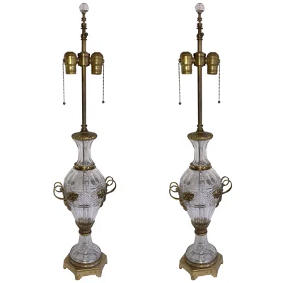 Pre-owned Baccarat Pair Cut Crystal Gilt Bronze Ormolu-mounted French Filigree Urn Lamps In Gold