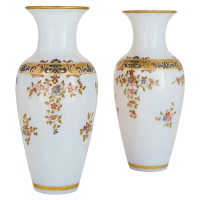 Pre-owned Baccarat Pair French Antique Hand-painted Opaline Glass White Floral Vases