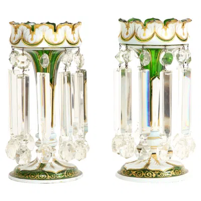 Pre-owned Baccarat Pair French Attr.  Double Overlay White To Green Cut Crystal Lusters