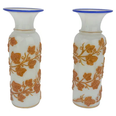 Pre-owned Baccarat Pair French Opaline Ivy-trail Vases With Cobalt Rims, C. 1860–80 Attr.  In Blue