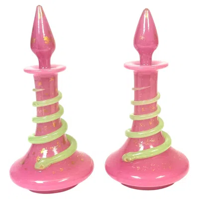 Pre-owned Baccarat Pair French Pink Opaline Perfume Bottles With Green Serpents Attrib.