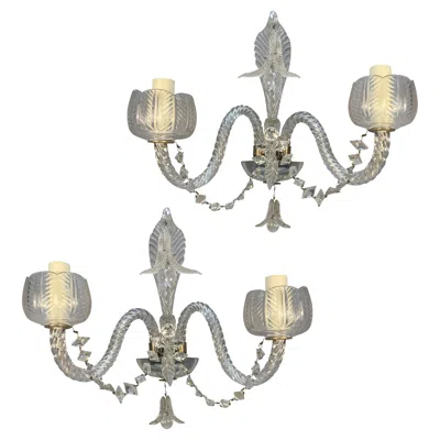 Pre-owned Baccarat Pair Of 1930's  Twin Branch Wall Lights In Transparent