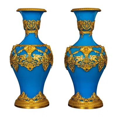 Pre-owned Baccarat Pair Of 19th Century Ormolu Mounted  Crystal Celeste Blue Opaline Vases