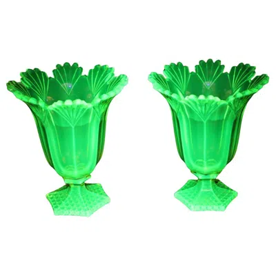 Pre-owned Baccarat Pair Of 19th Century Uraline Crystal Vases In Green