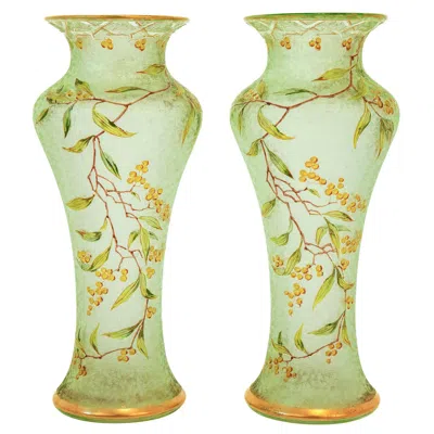 Pre-owned Baccarat Pair Of Antique  Green Cameo Vases