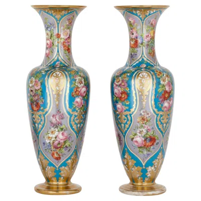 Pre-owned Baccarat Pair Of Antique French Floral Glass Vases By  In Brown