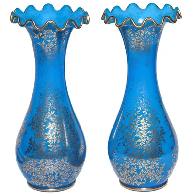 Pre-owned Baccarat Pair Of  Blue Opaline Crystal Vases With 24-karat Gold Decorations