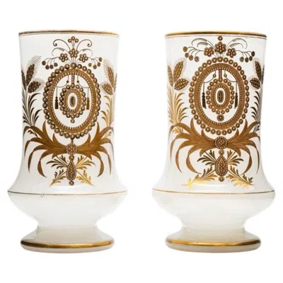 Pre-owned Baccarat Pair Of  Opaline Vases, Golden Decor, 1880 In Sand