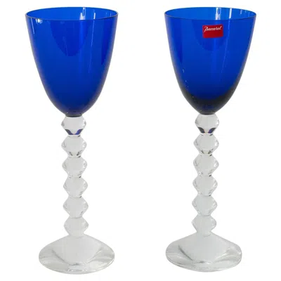 Pre-owned Baccarat Pair Of  Vega Wine Glasses With Sapphire Blue Bowls
