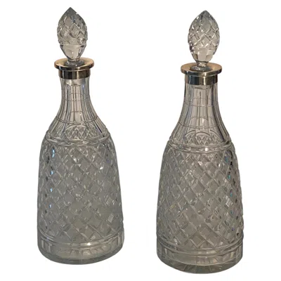 Pre-owned Baccarat Pair Of  - Voneche Silver Collar Diamond Cut Decanters, Belgium 1810 Cca