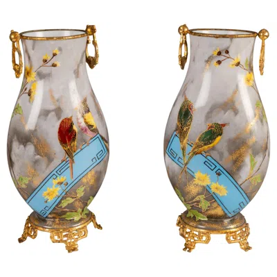 Pre-owned Baccarat , Pair Of "birds" Vases, France, Circa 1880 In Gold