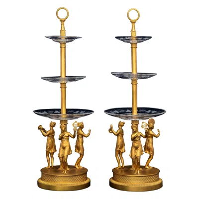 Pre-owned Baccarat Pair Of Early 1800s Empire  Crystal And Bronze Tazza Centerpieces In Gold