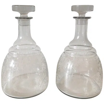 Pre-owned Baccarat Pair Of Etched Crystal  Decanters In Gray