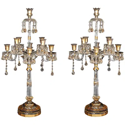 Pre-owned Baccarat Pair Of French Antique Louis Xvi Style Crystal Candelabras  Attributed In Gold