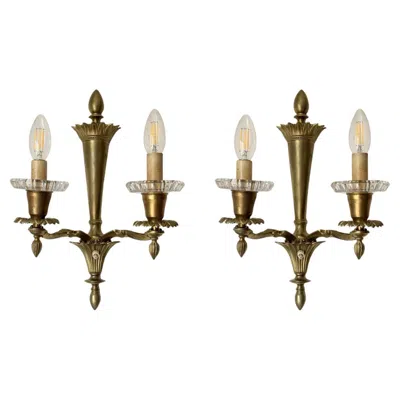 Pre-owned Baccarat Pair Of French Bronze Wall Sconces With Signed  Bobeches, Ca. 1940s In Gold